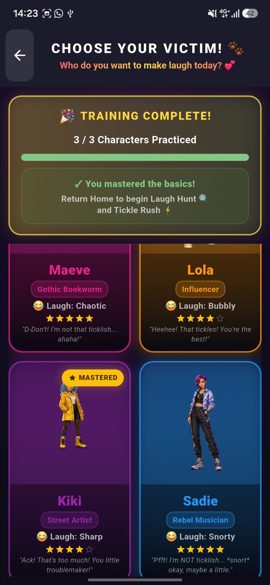 Character mastery screen