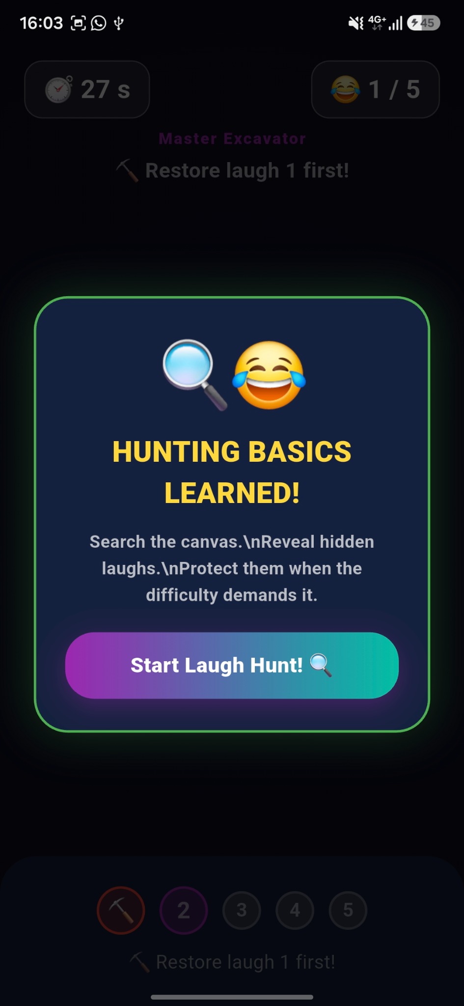 Laugh Hunt tutorial completion