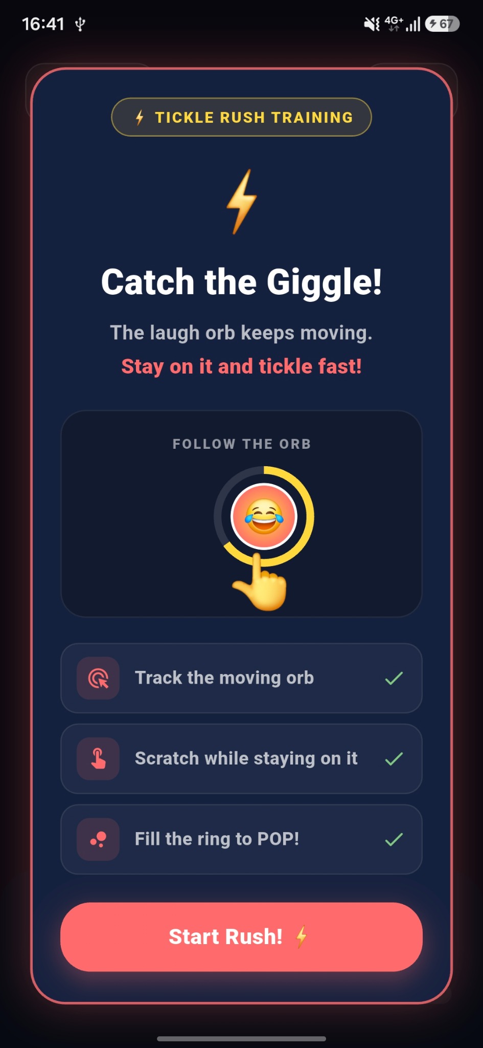 Tickle Rush training screen