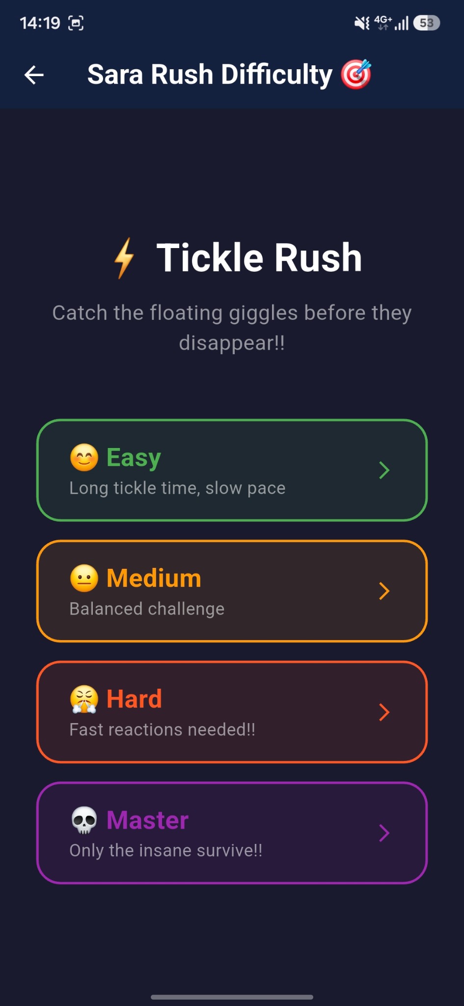 Tickle Rush difficulty selection